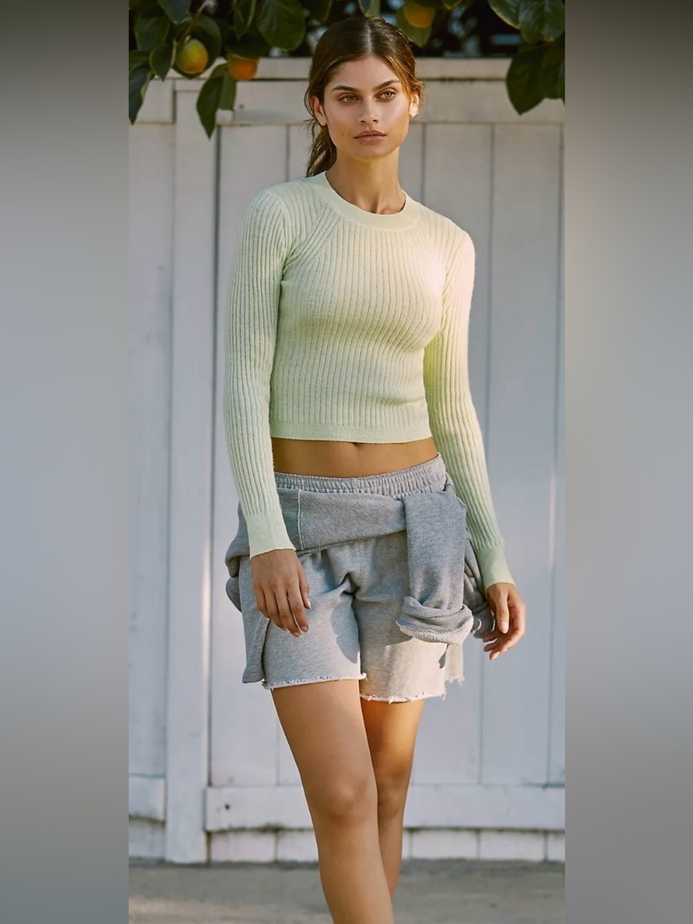 Daily Practice Anthropologie Ribbed Crewneck Cropped Sweater-Light Lime